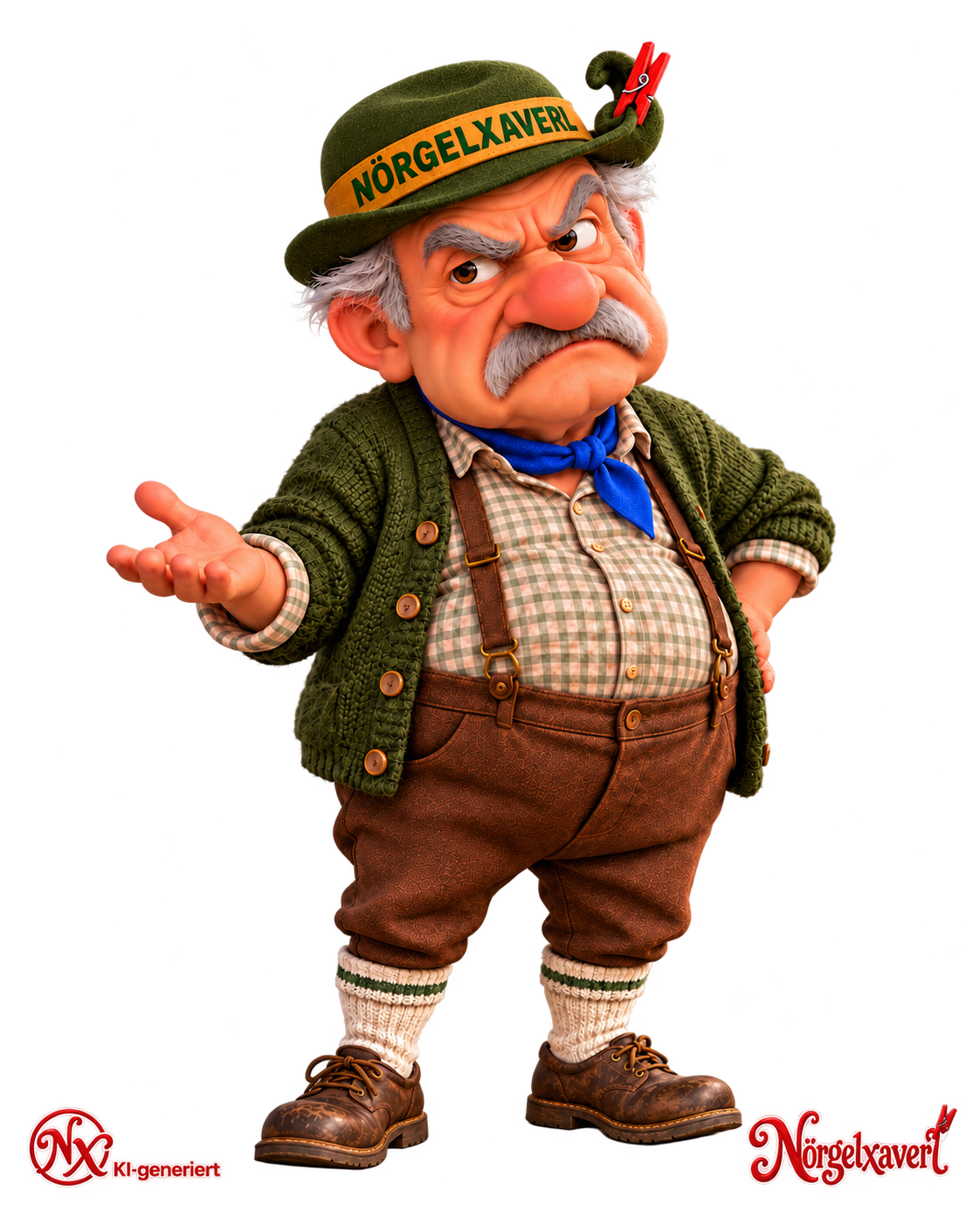 Die fiktive Cartoonfigur Nörgelxaverl mit grünem Hut, roter Wäscheklammer, buschigen grauen Augenbrauen und Lederhose